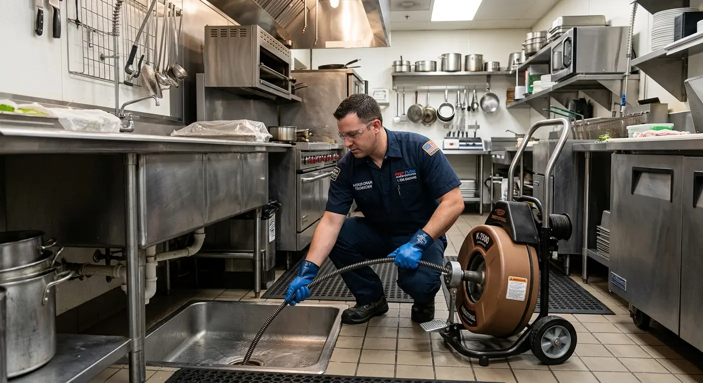 Commercial drain cleaning service in a restaurant kitchen in Lowell