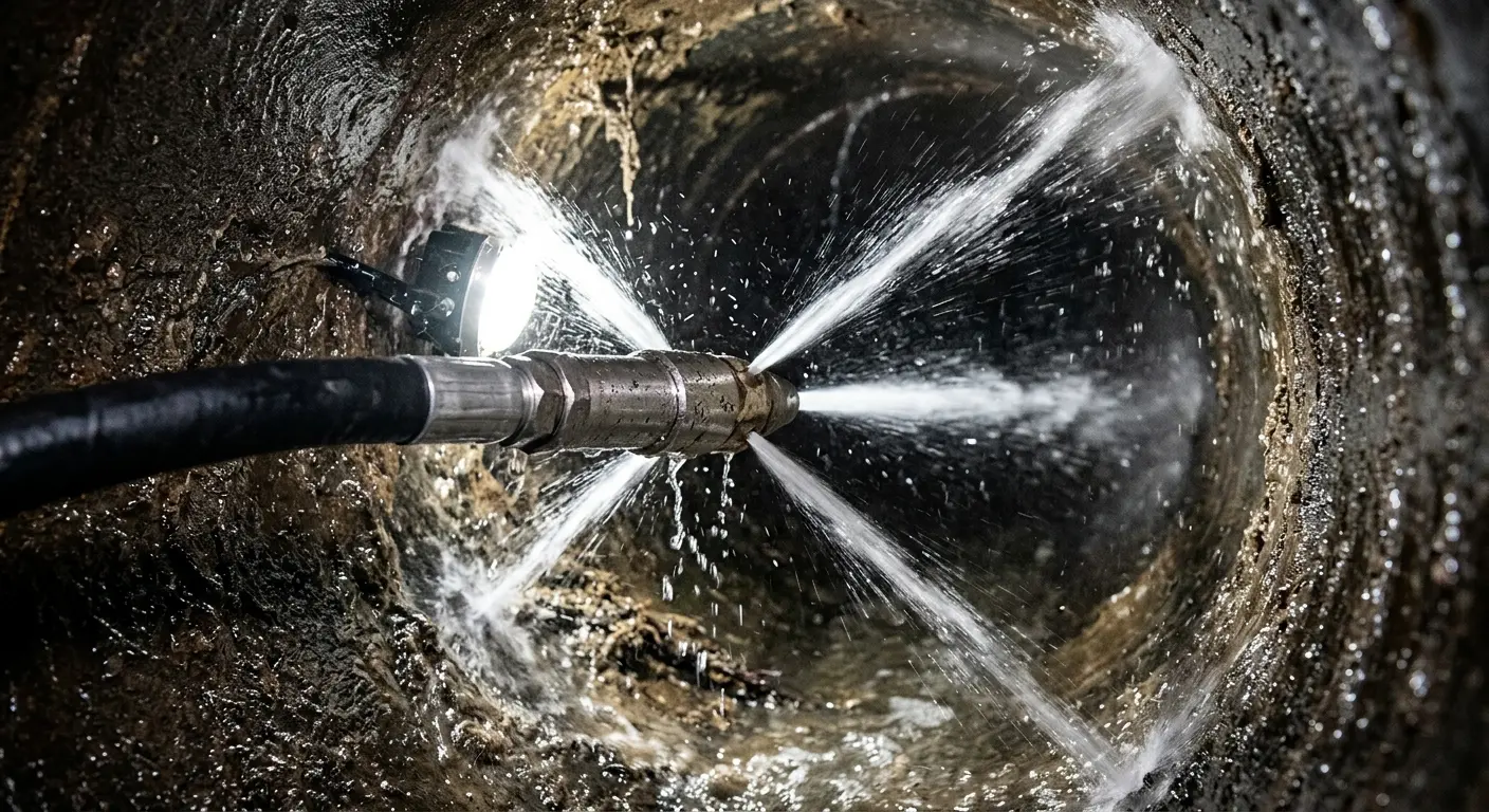 High-pressure hydro jetting nozzle cleaning sewer pipe for Trenchless Sewer Repair in Lowell