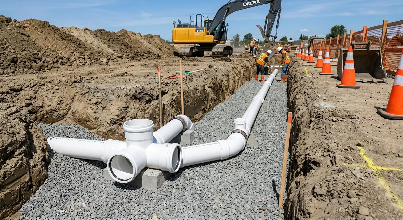 New PVC sewer pipe installation in open trench for Sewer Backup in Lowell